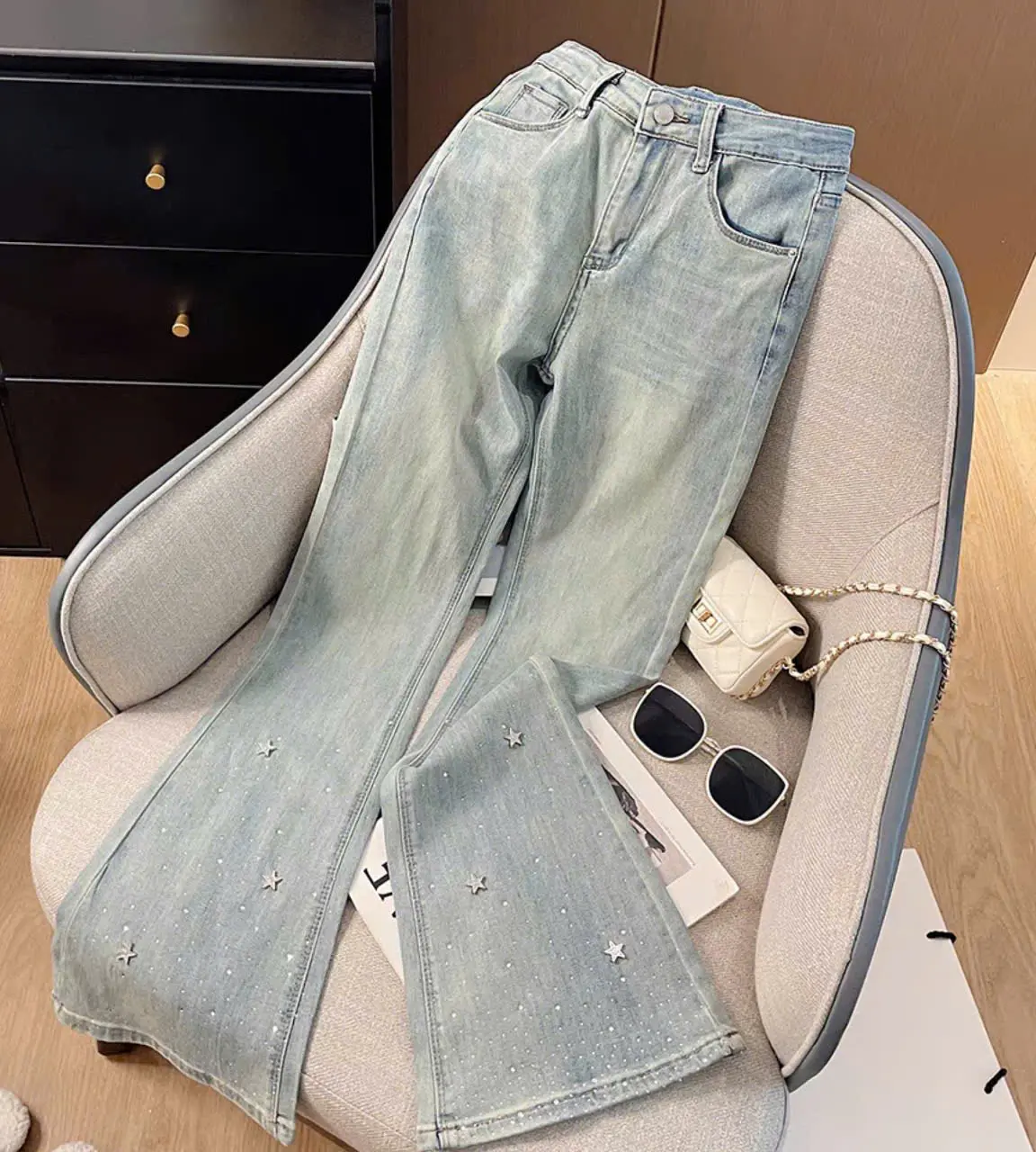 (Thu đông) Quần jean ống loe màu xanh ngọc nhạt đính sao xinh xắn JEAN ZY