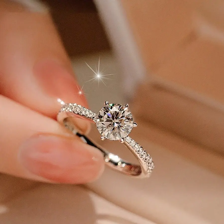 2023 New 1 Karat Moissanite Diamond Ring Six-Claw Order Marriage Proposal Artificial Diamond Ring Opening Adjustable