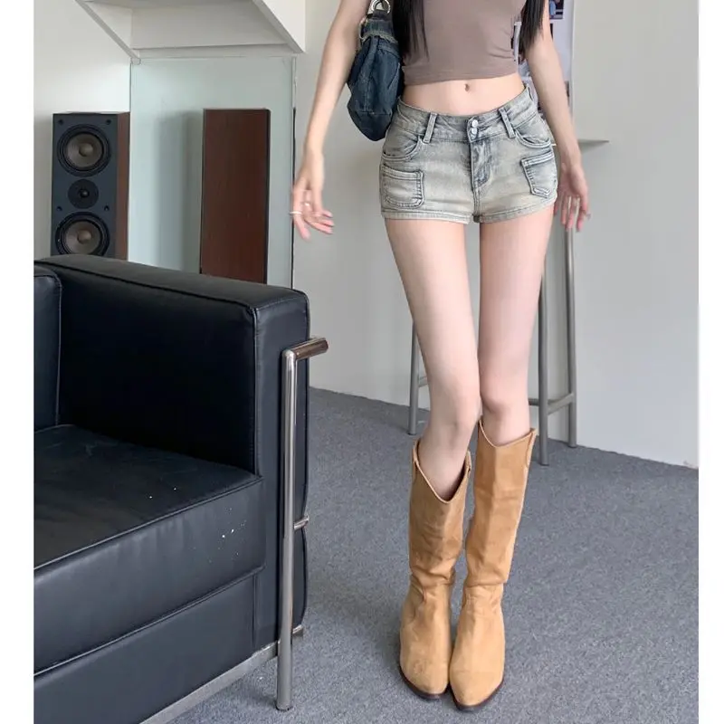 Quần Short Denim Cạp Thấp, Phong Cách Cô Gái Nóng Bỏng, Dành Cho Phụ Nữ, Dáng Ôm, Ôm Vừa Vặn Hông, Màu Sắc Nhẹ Cổ Điển Quần Ống Đứng, Thoáng Khí Và Thoải Mái, Thích Hợp Cho Mùa Hè 8