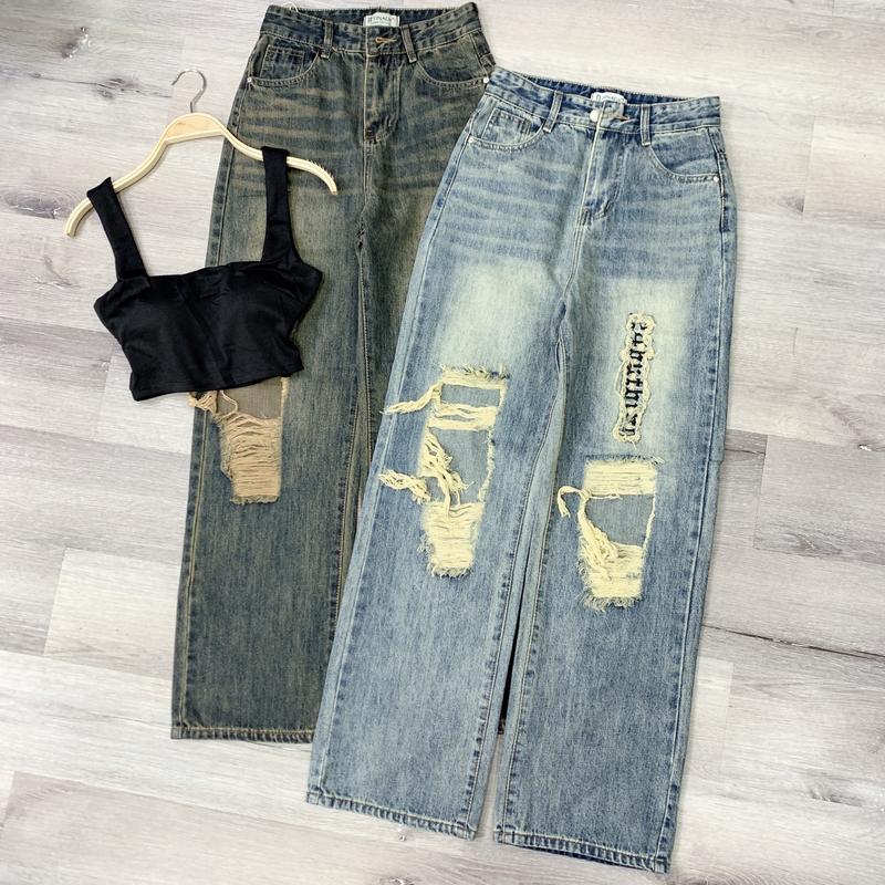 Quần jean nữ ống suông phom dài 102cm rách Thêu Nổi chất Demin Pants Women  MS239-240 Ong Lưng Cao