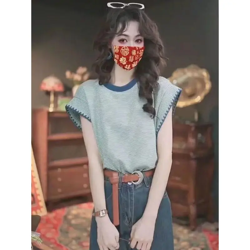 Kemeja-T Blok Warna Berjalur, Rekaan Cantik, Untuk Wanita, Lengan ...