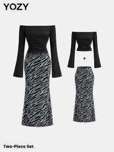 YOZY Women's Solid Off Shoulder Flounce Sleeve Tee & Zebra Stripe Print Skirt Two-piece Set, Casual Fashion Long Sleeve Top & Mermaid Skirt for Daily Outdoor Wear, Ladies Clothes for All Seasons