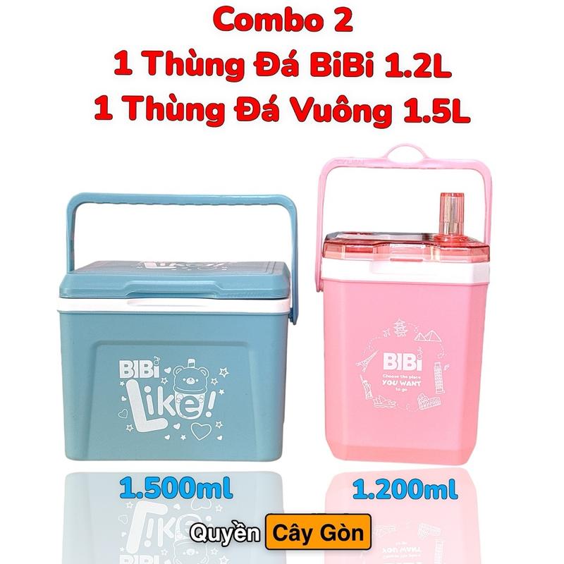 Combo 2 - 1 Thùng Đá BiBi 1.2L và 1 Thùng Đá Vuông 1.5L – Giữ Lạnh Tốt, Quai Xách Tiện Lợi, Nắp Đậy Chắc Chắn