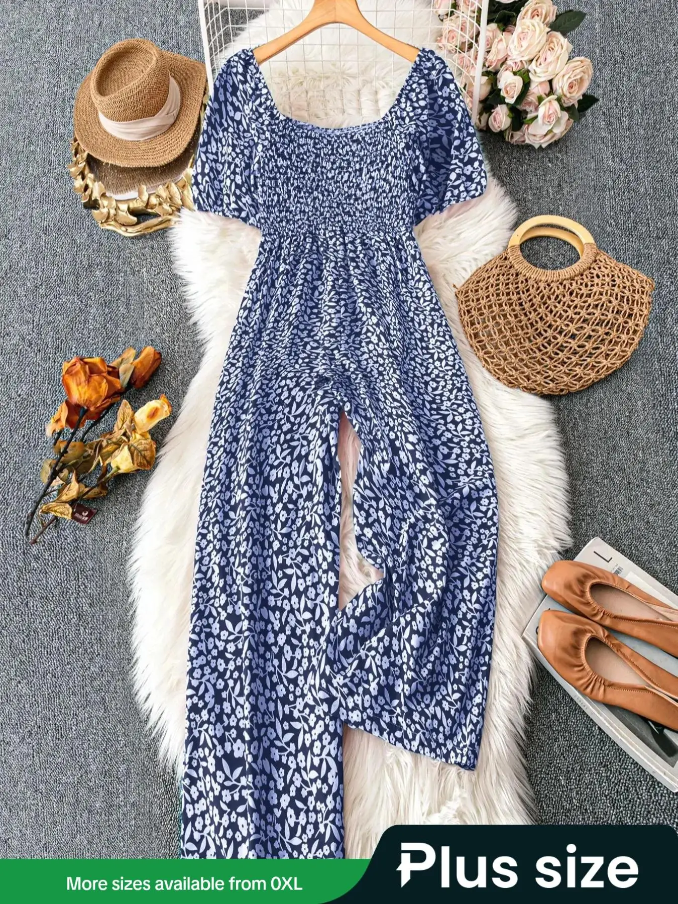 【Plus Size】 Ditsy Floral Print Wide Leg Jumpsuit, Boho Fashion Casual Jumpsuit for Daily Holiday Vacation Wear, Women Plus Clothing for Spring & Fall