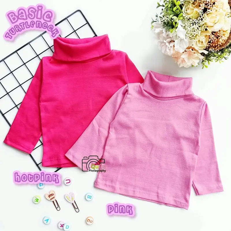 Baju Kaos Turtleneck leher tinggi anak usia 4 - 12 tahun lengan panjang bahan katun rib Crew Neck fashion 7