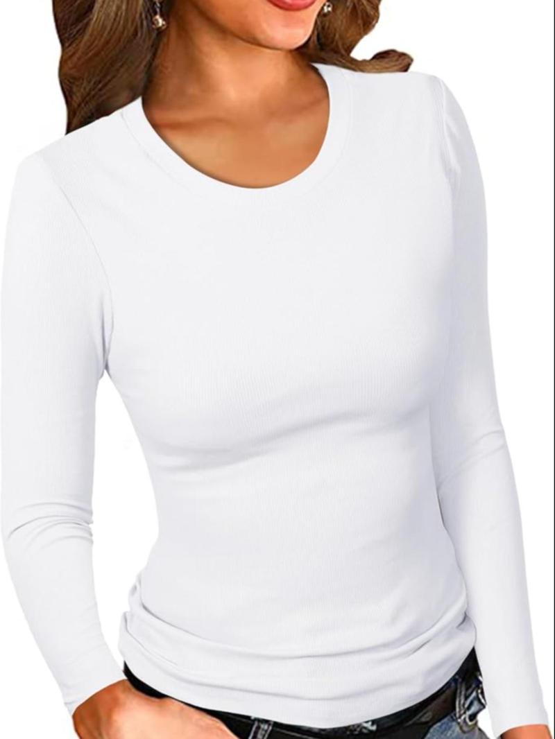 Product Introduction of Women's Plain Ribbed Long Sleeve Crew Neck Tee, Casual Solid Color T-shirt for Spring & Fall, Women's Top for Daily Wear 1