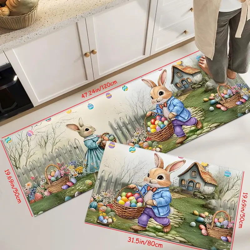 Easter Themed Kitchen Mat, 2 Counts/3 Counts Cute Rabbit & Egg Pattern Kitchen Rug, Non-slip Kitchen Floor Mat, Home Decor 3