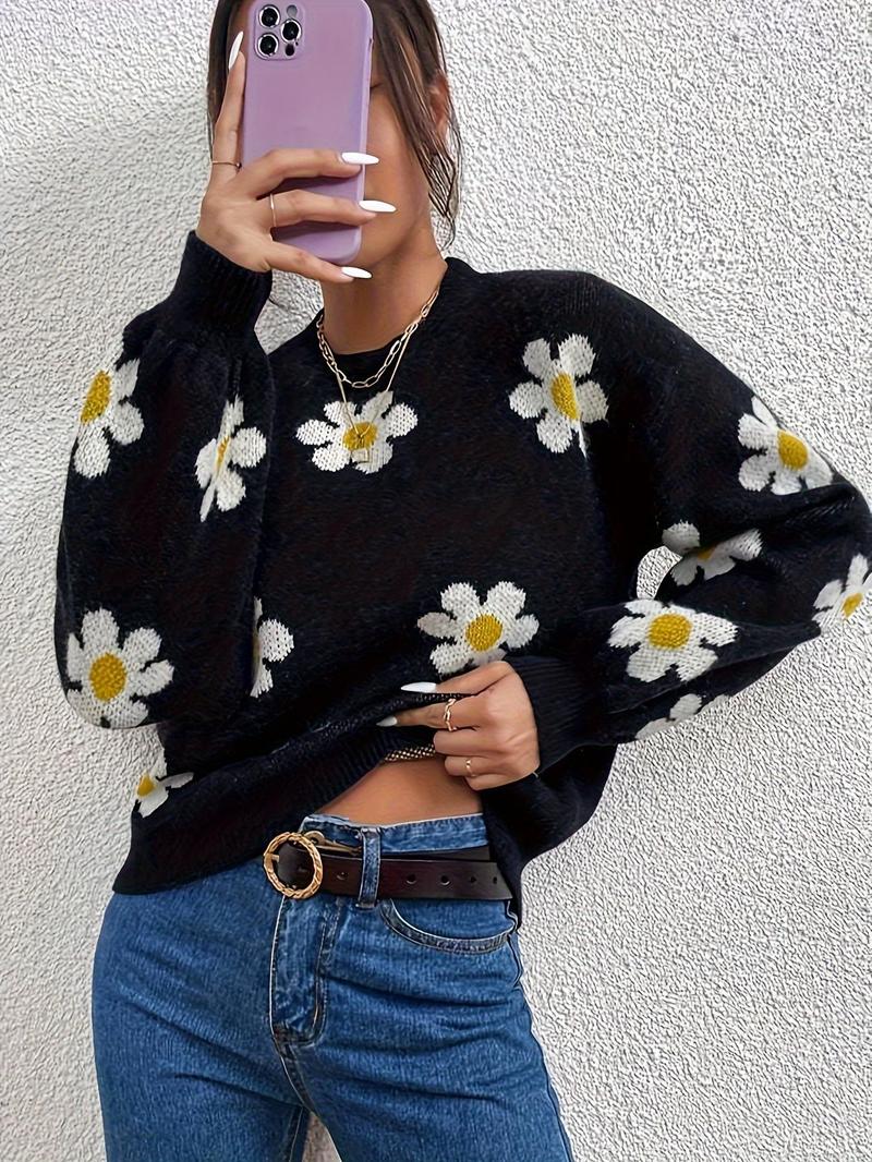Product Introduction of Plus Size Floral Print Drop Shoulder Sweater, Casual Long Sleeve Round Neck Jumper for Fall & Winter, Women's Plus Size Clothing for Daily Wear 1