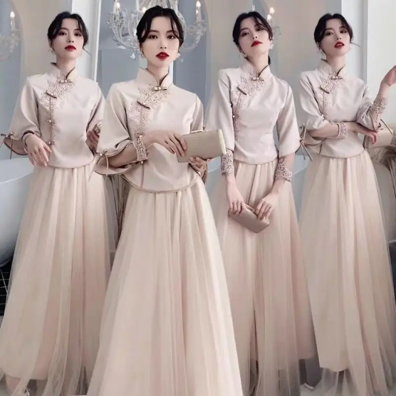Váy Phù Dâu Dài Trung Quốc, Phong Cách Trung Quốc Mới, Nhóm Chị Em Tangzhuang, Xiuhe, Bạn Gái, quần Áo Ngoại Cỡ, Áo Cưới, Váy Cưới calem quần, Dress, Tay Phồng, Women 1
