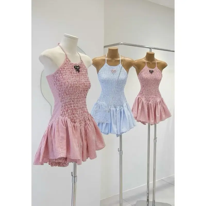 Đầm xòe cổ yếm sọc  có mút ngực kèm quần rời Nữ Dress