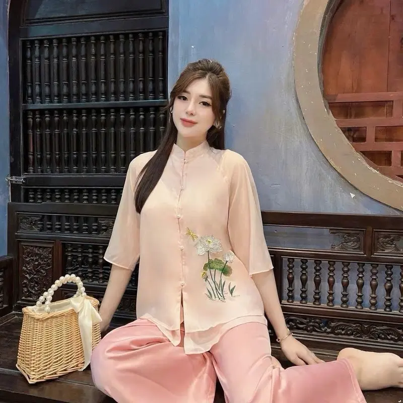 Bộ pháp Phục Linh Đan, Bộ quần áo đi chùa chất liệu tơ 3 lớp thêu hoa thanh đình Nữ 1