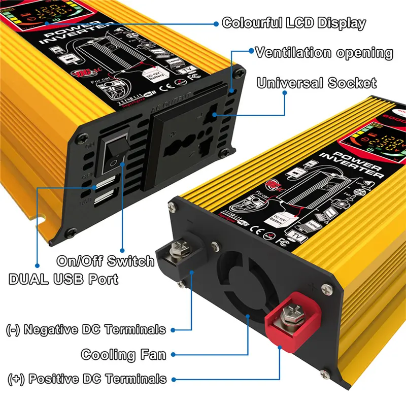 Biến tần ô tô, 6000W, DC 12V sang AC 110V 220V, Biến tần nguồn thông minh, với màn hình LCD 7