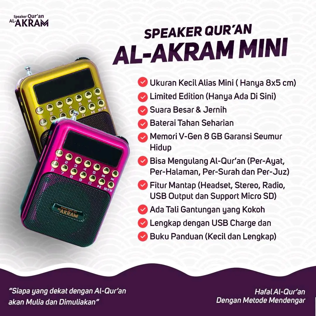 Speaker Qur'an Mini Al Akram Murottal Quran Lengkap 30 Juz Qori Anak Dan Dewasa Full Konten Edukasi Islami Serta Ceramah Ustadz Abdul Somad Da'i Ternama