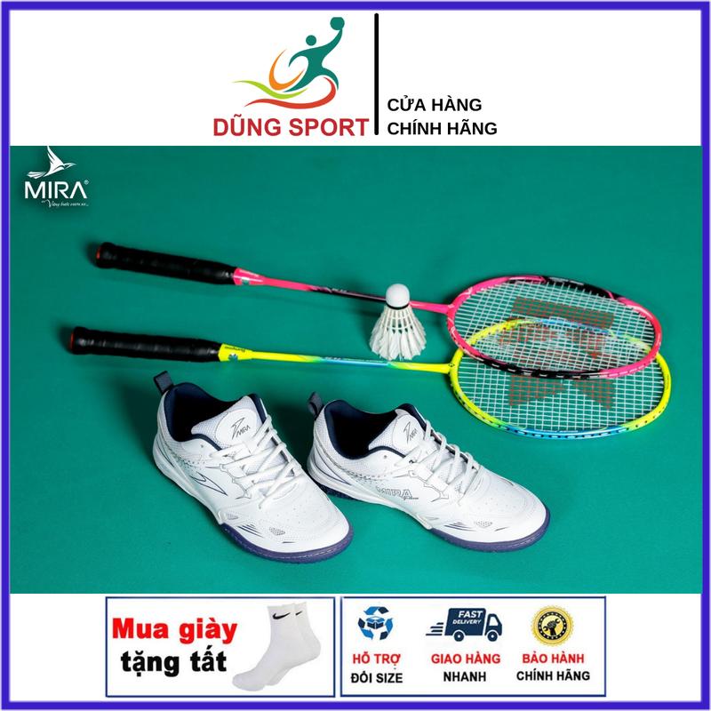Giày Cầu Lông, Giày Bóng Bàn Mira Lighter Nam Nữ Chính Hãng Siêu Nhẹ Màu Trắng Navy - Đế Kép Eva Chống Trượt Tặng Tất Dệt Kim Không Mùi