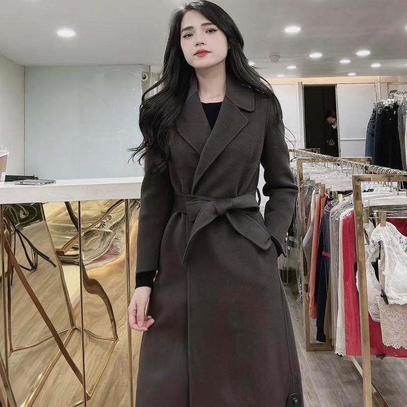 Áo Khoác Dạ Hàn Măng Tô Nâu Dáng Lửng Có Đai Nữ Sang Trọng