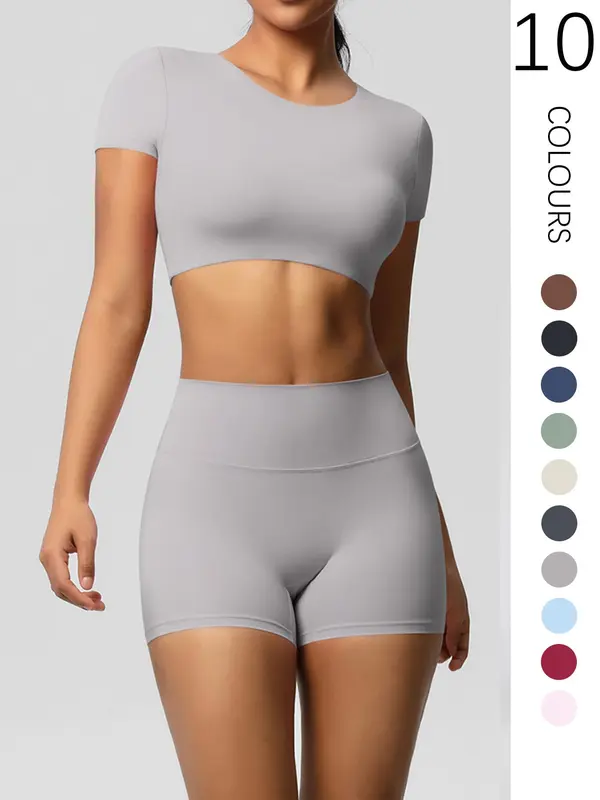 Two-Piece Set Women's Solid Ribbed Crop Top & High Waist Shorts Tracksuit Set, Breathable Comfortable Seamless for Yoga Gym Workout Running, Ladies Sportswear for All Seasons 3