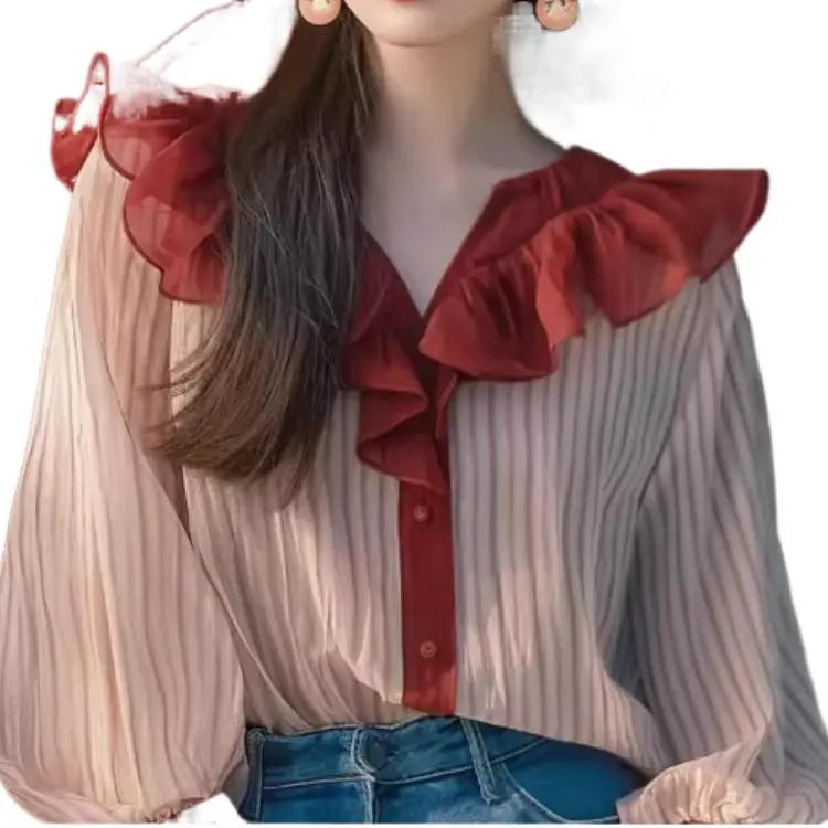 Áo Sơ Mi Xếp Nhún Sọc, Dành Cho Nữ, Phong Cách Mùa Thu, Phổ Biến Năm Nay, Áo Sơ Mi Nhỏ Đẹp, Sang Trọng Sang Trọng Hàn Quốc, Áo Sơ Mi Sang Trọng Sang Trọng Women Top Shirt Women Top