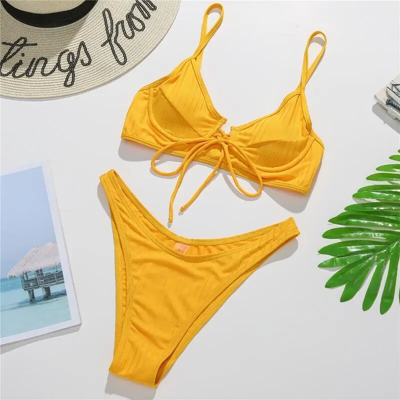 New Sexy Gathered Bikini Solid Color High Waist Swimsuit