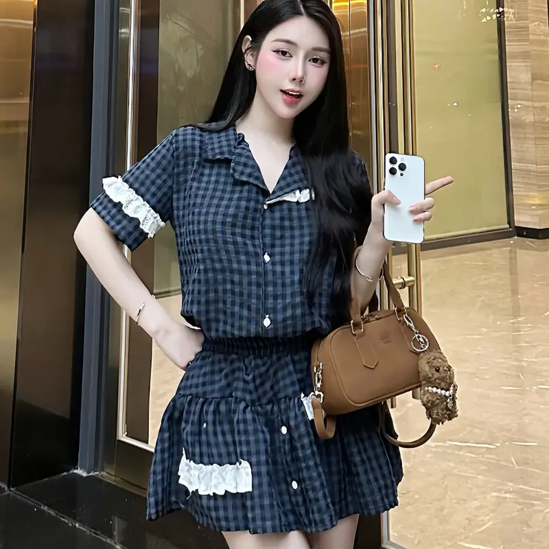 Set váy babydoll đũi caro phối ren trắng kèm chân váy bèo tiểu thư  - Set bộ đồ nữ  kẻ caro mix chân váy 7
