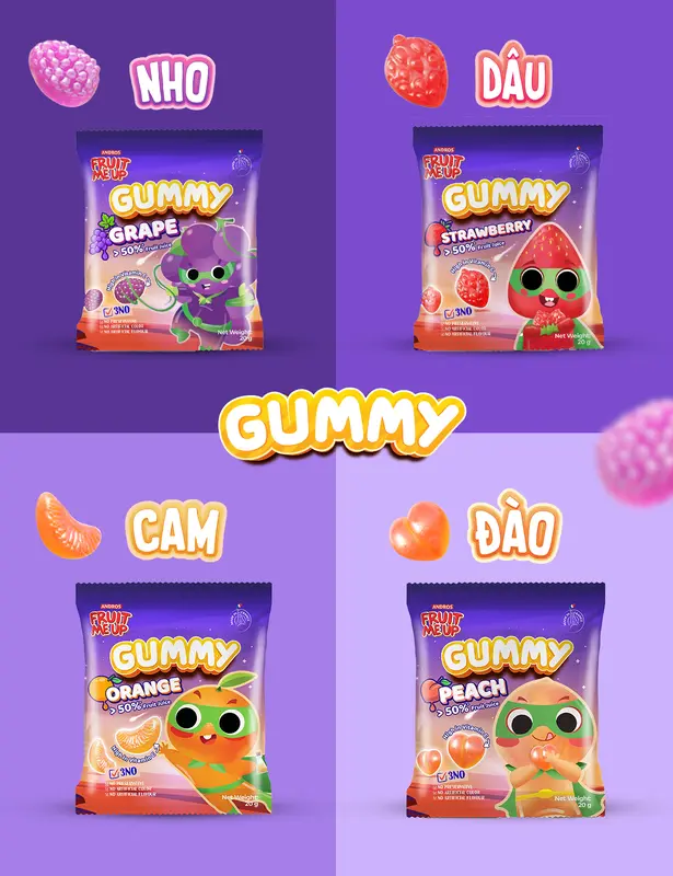 [QUÀ TẶNG KHÔNG BÁN] Combo 1 Túi Kẹo Dẻo Nho Gummy 20G - Thức Ăn Vặt Trái Cây Vị Chua Ngọt - ANDROS FRUIT ME UP - 20g - Snack & Candy 2