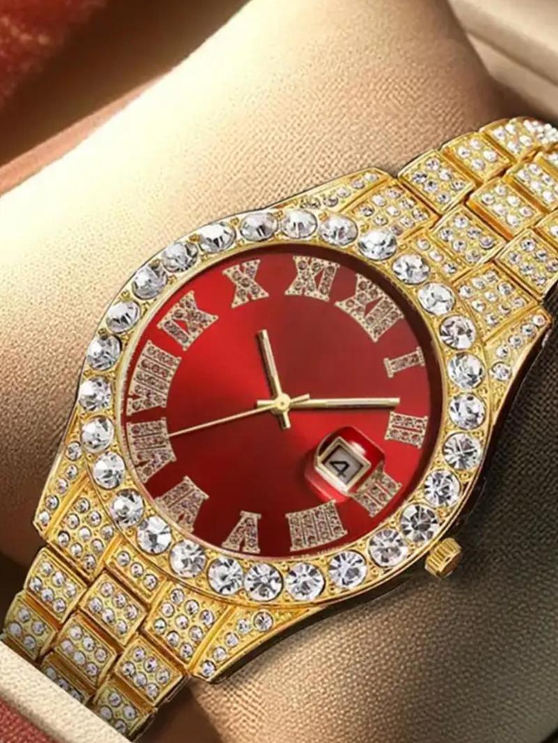 Product Introduction of Men's Luxury Rhinestone Decorated Analog Quartz Watch with Date Function, Fashion Watch for Party, Daily Decor, Trendy All-match & Exquisite Watch for Birthday Gift with Box 2