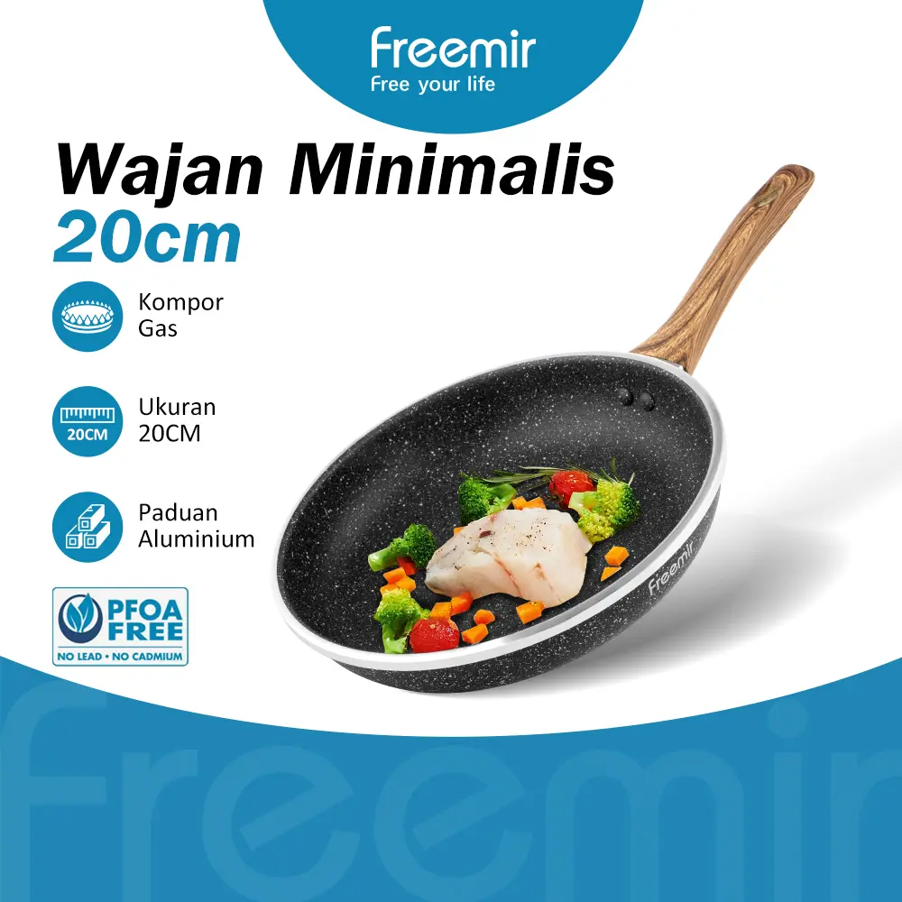 [SPECIAL] freemir Best Coating Granit/Marble Wajan 20 cm Penggorengan Hitam Anti Lengket Gagang Kayu Perlengkapan Kitchenware Masak Panci