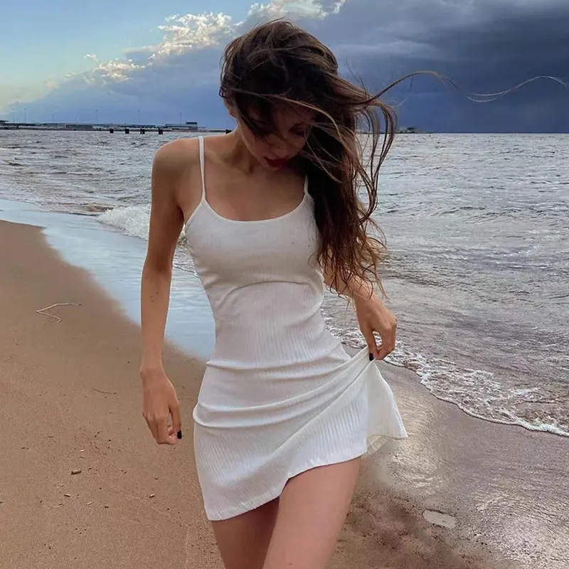 Ribbed Sleeveless Strap Dress Women's Mini Bodycon Dress Open Neck Hip Beach Holiday Dress