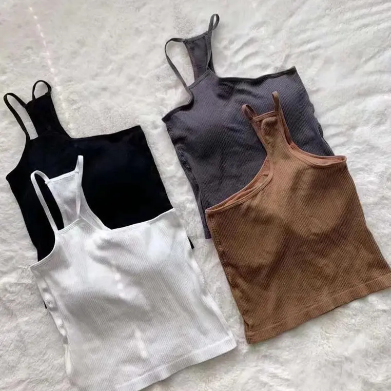 Crop Top Tanktop Wanita One Shoulder Tali Kecil Kamisol Korean Atasan Tank Top With Cup Bra Fit 119 2