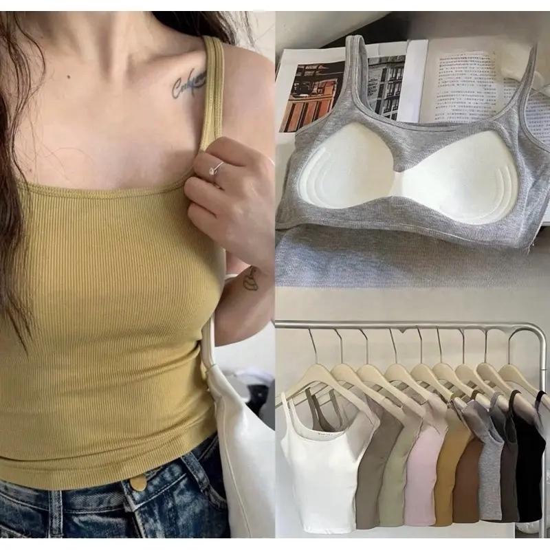 ￼Áo Bra Hai Dây Gân Tăm Mềm Mịn, Áo 2 Dây Kèm Đệm Dáng Ôm Body Cao Cấp 6612 Nữ