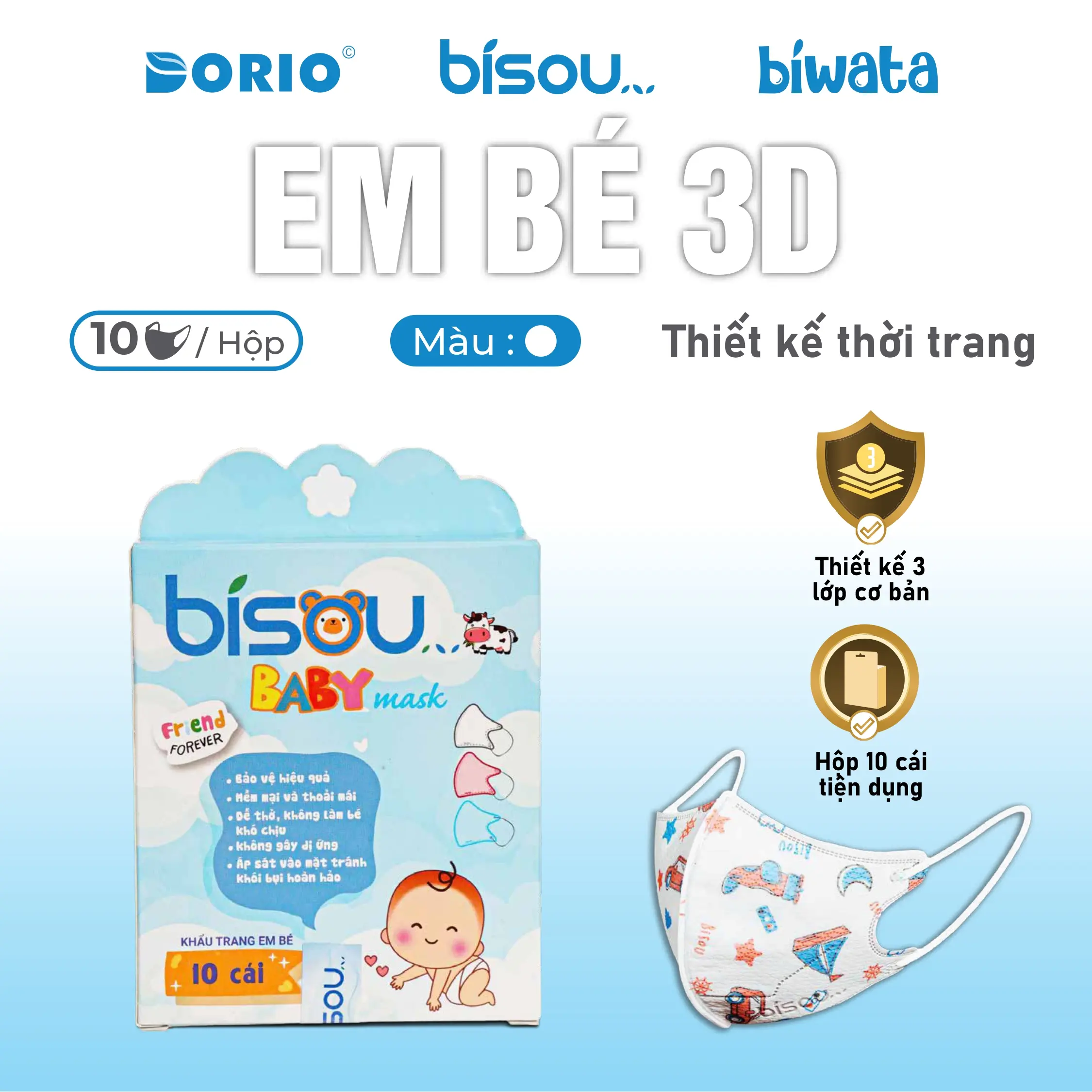 Hộp 10 cái khẩu trang cao cấp 3D Baby hiệu BISOU Cho Bé