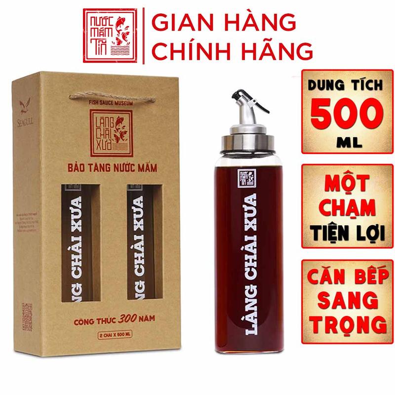 Combo 2 Bình rót một chạm CAO CẤP One Touch Open Làng chài xưa 500ml đựng nước mắm dầu ăn thuỷ tinh