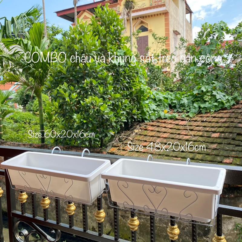 COMBO Khung Sắt và Chậu Trồng Cây 48-60cm, Máng Trồng Rau Treo Ban Công, Chậu Dài Cho Chung Cư và Sân Vườn