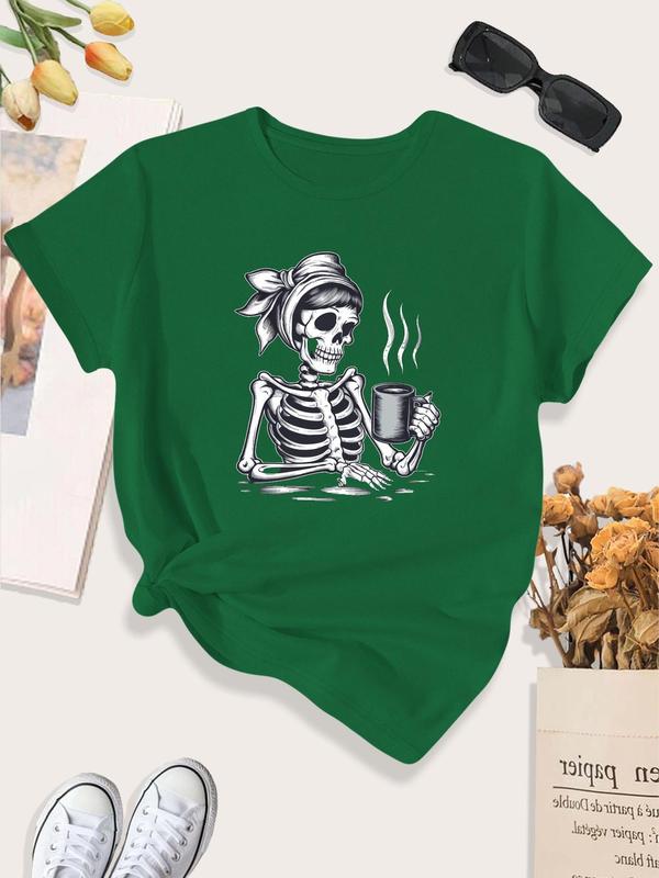 Women's Skeleton Print Round Neck Tee, Fashion Casual Crew Neck Short Sleeve T-shirt for Daily Holiday Vacation Outdoor Wear, Halloween Ladies Clothes for All Seasons 4