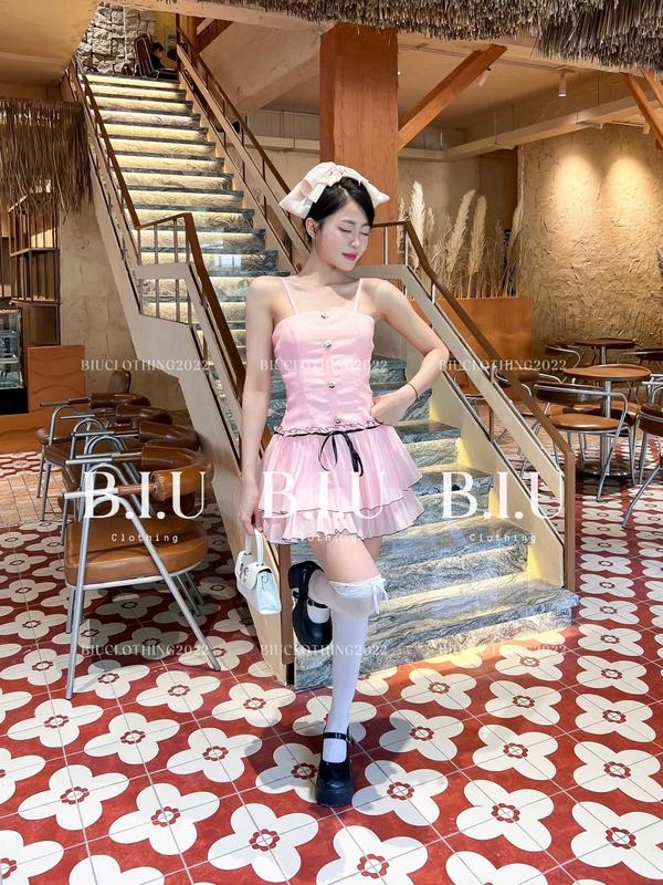 Đầm 2 dây cúp ngực viền nổi đính nút tà tầng xòe tiểu thư tôn dáng Whi Dress Biu Clothing BB0436 Nữ Women Màu Hồng 7