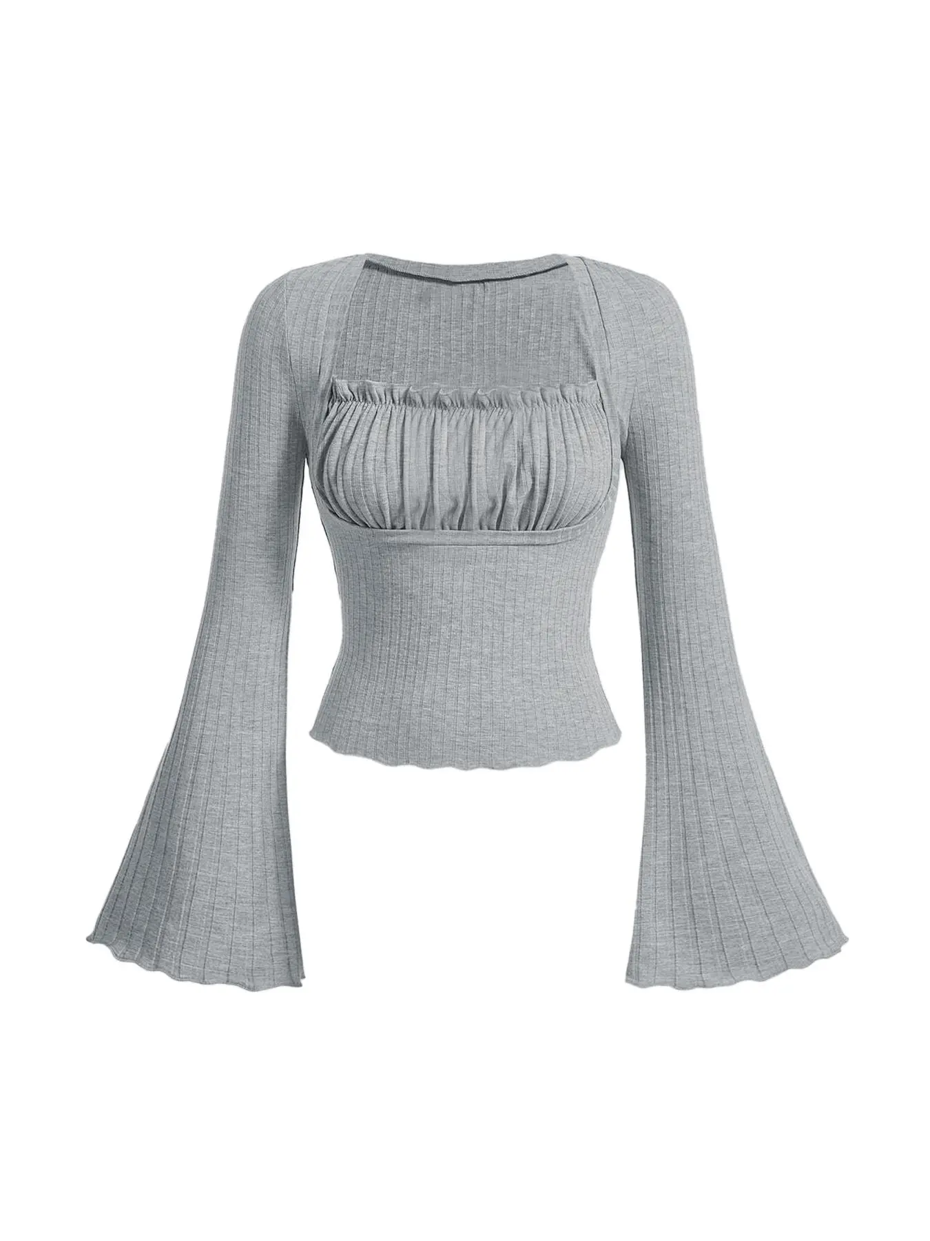 Women's Plain Ruched Frill Trim Square Neck Tee, Casual Long Sleeve T-Shirt for Daily Wear, Ladies Clothes for All Seasons