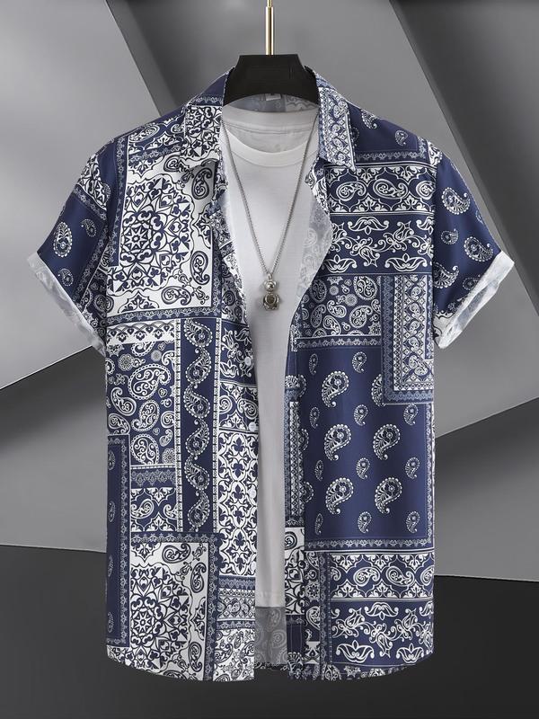 Men's Regular Fit Paisley Print Button Front Shirt, Summer Clothes, Boho Casual Short Sleeve Collared Top for Summer, Men's Clothes for Vacation Holiday Wear 2