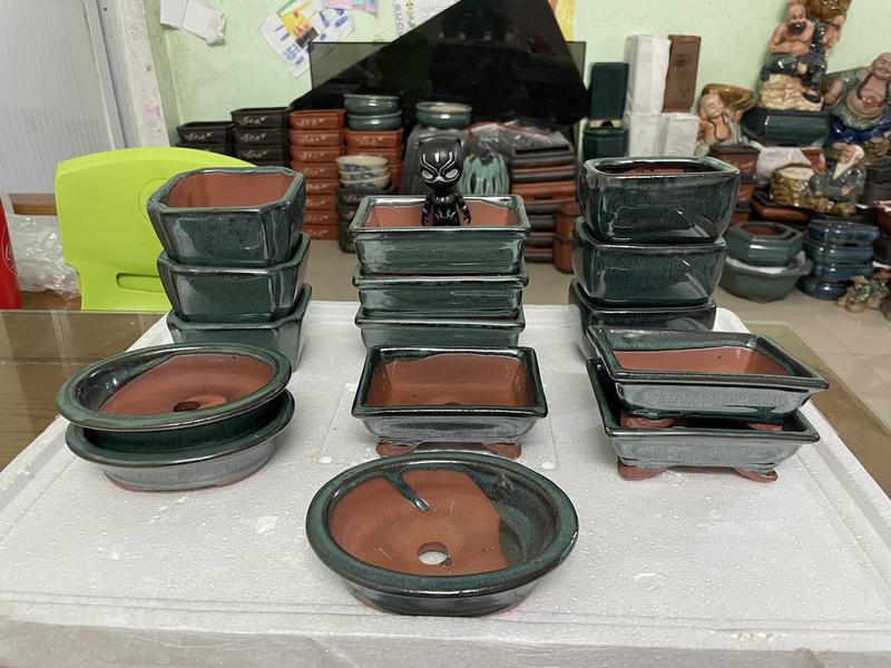 Lô 15 chậu bonsai mini cầm tay men xanh hỏa biến gốm Bát Tràng dùng trồng cây mini sen đá sương rồng để bàn ban công chau trong