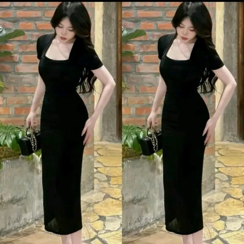Đầm body dáng dài ôm gọn, tay ngắn chất thun co giãn thoáng mát nâu và đen 3
