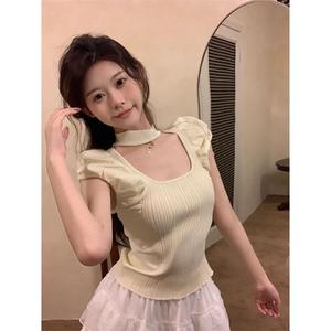 เสื้อสเวตเตอร์แขนสั้น เชือกแขวนคออ่อนโยน สำหรับผู้หญิง นางฟ้าอ่อนโยน ทรงสลิมฟิต เสื้อเอวสั้น มิสซูโอ มาเธอร์ Lady Women Clothing