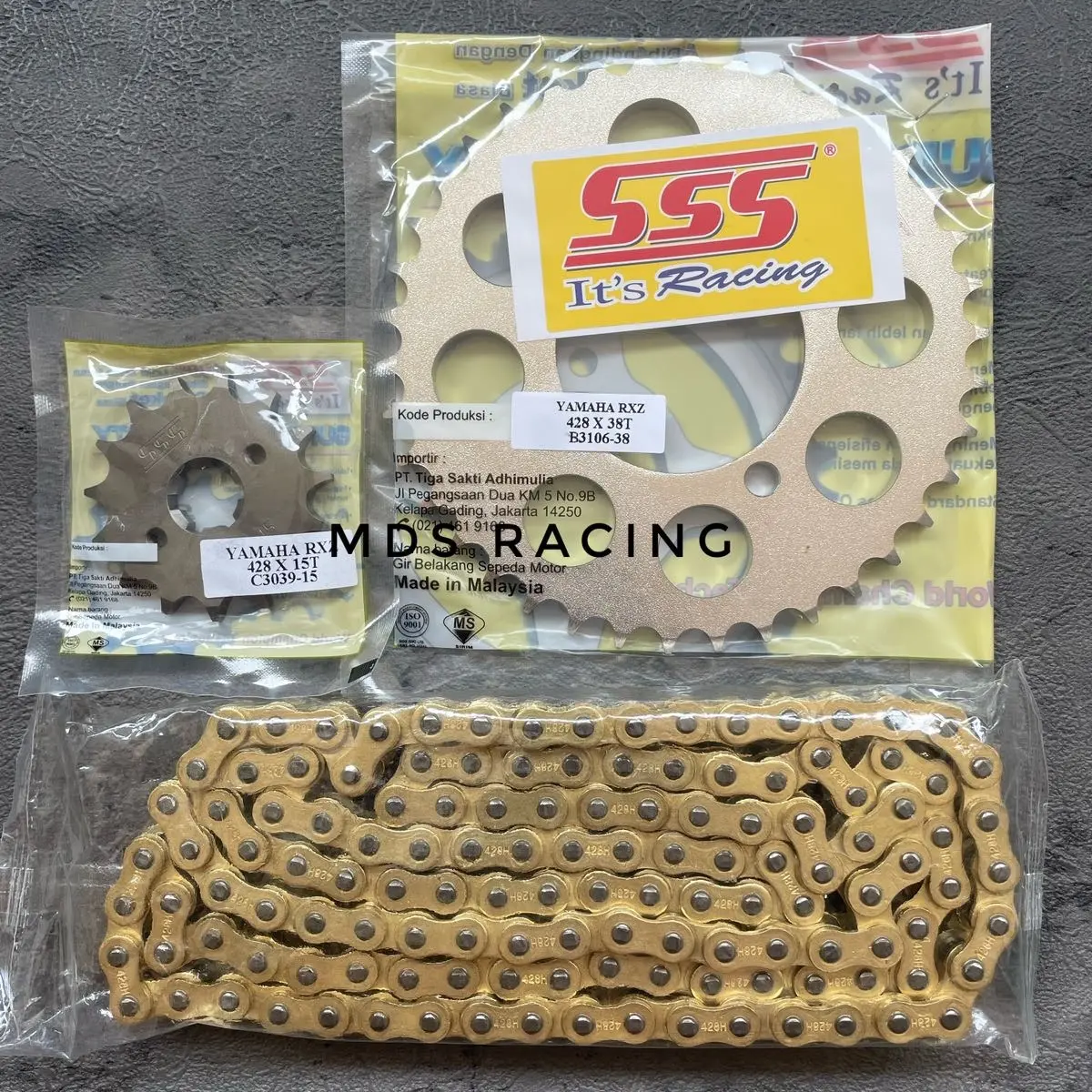 Gear Gir Set SSS 428 415 Yamaha Mx Old, MxNew, Jupiter Z Burhan, Fizr, f1zr, Alfa, Sigma, Crypton, VegaR, Rxking, Rxs, Rxz, Depan Belakang Original + Rantai Gold Polos/Merk Lain