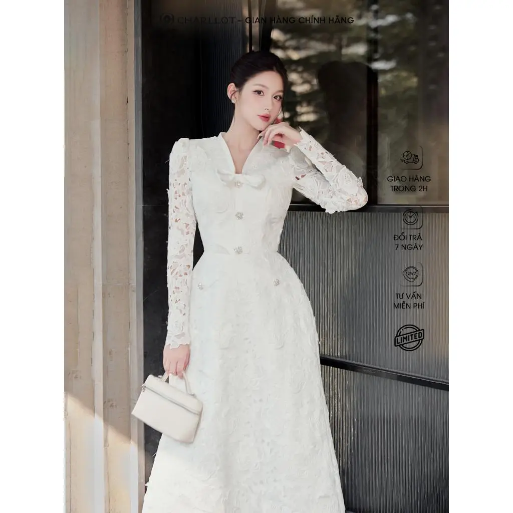 Váy Tiểu Thư Ren DRESS MINT Trắng Dáng Dài Thiết Kế CHARLLOT Lót Lụa Vai Nhún Nhẹ Nhàng CL281