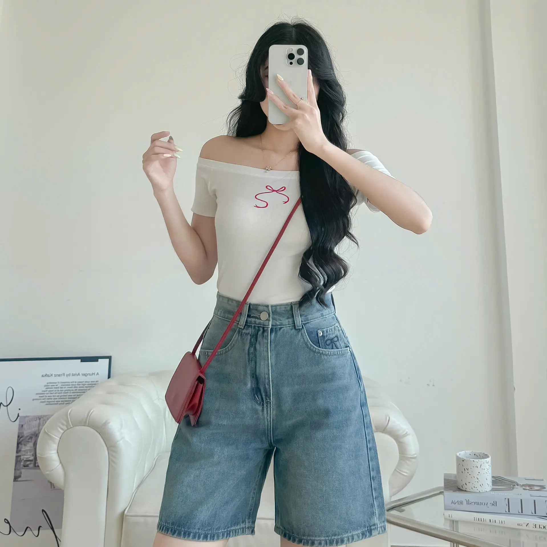 Quần Ngố Jeans Nữ Lưng Cao, Quần Short Ngố Lửng Thêu Nơ, Vải QC Mềm Không Co Giãn MS 437