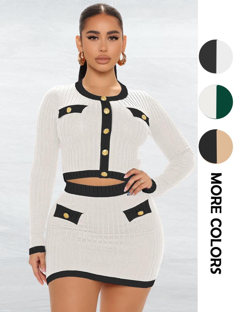 Product Introduction of Two-piece Set Women's Contrast Binding Button Front Crop Sweater & High Waist Skirt, Elegant Fashion Casual Round Neck Long Sleeve Top & Bodycon Skirt for Daily Outdoor Wear, Women's Clothing for Spring & Fall 3