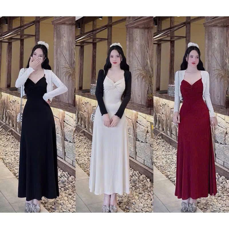  SM - Set đầm hai dây cổ v xoắn dáng xòe dài kèm áo khoát tay dài diệu dàng thanh lịch - BBAC8 Váy boby  váy body nữ tôn dáng  váy xinh  váy đi tiệc  váy đi biển 