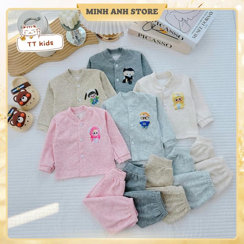 ( Combo 3-5 bộ ) Bộ quần áo nỉ tăm lông thỏ khuy giữa mềm mịn, giữ ấm tốt cho bé trai, bé gái từ 3-9kg set  len 1