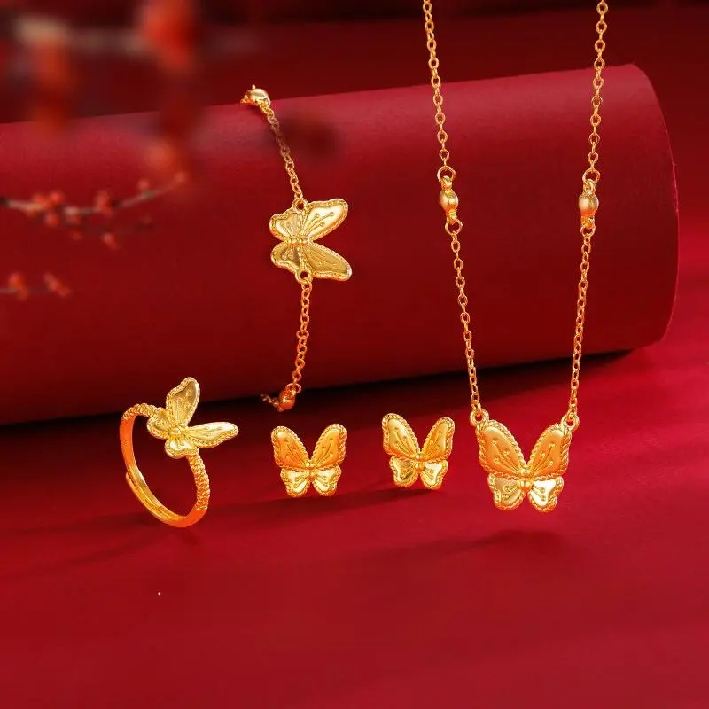 2025 New Zhou Jia Same Style Flower and Moon GOODCARE Butterfly Four-Piece Set Fairy Butterfly Necklace Bracelet Ring Stud Earrings for Women