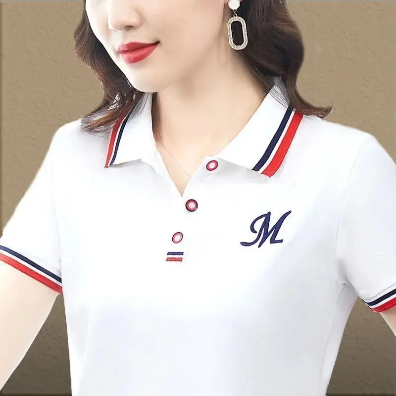 Áo Thun Ngắn Tay Cho Nữ, Màu Trơn Thời Trang Mùa Hè, Thanh Lịch, Thích Hợp Cho Mẹ TRUNG NIÊN, Ngoại Cỡ, Dáng Rộng Vừa Vặn, Tay Lửng Áo, Áo Polo Có Ve Áo