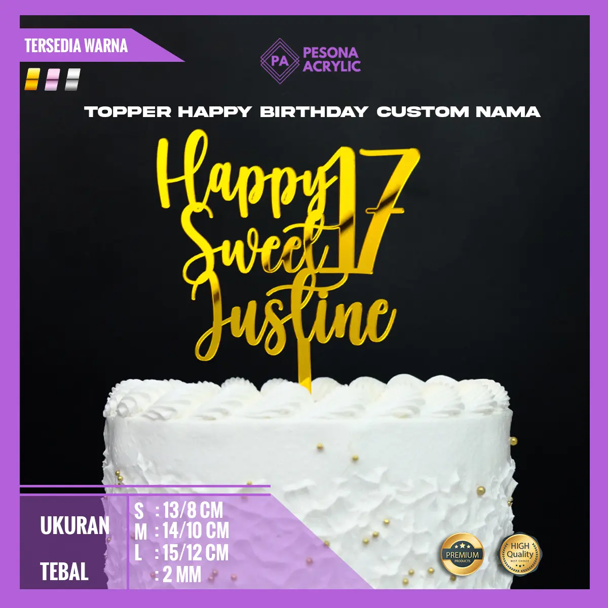 Topper Cake Happy Birthday Acrylic Custom Tusuk Atas Gold Silver Rosegold