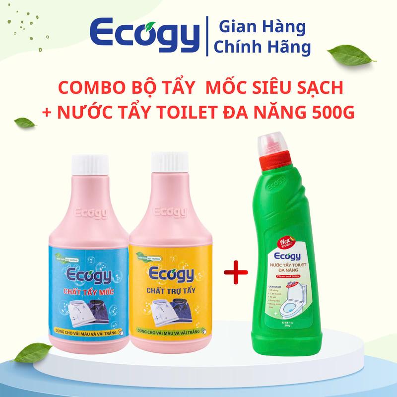 ECOGY ; COMBO BỘ TẨY MỐC SIÊU SẠCH 600g 2 CHAI+ 1 CHAI NƯỚC TẨY TOILET ĐA NĂNG 500g ; Hỗ trợ làm sạch mốc thâm kim két mồ hôi vết đồ ăn uống bám trên quần áo; Làm sạch ố vàng cặn canxi rỉ sét mốc bẩn trên bồn cầu chậu rửa mặt vách kính sàn sạch