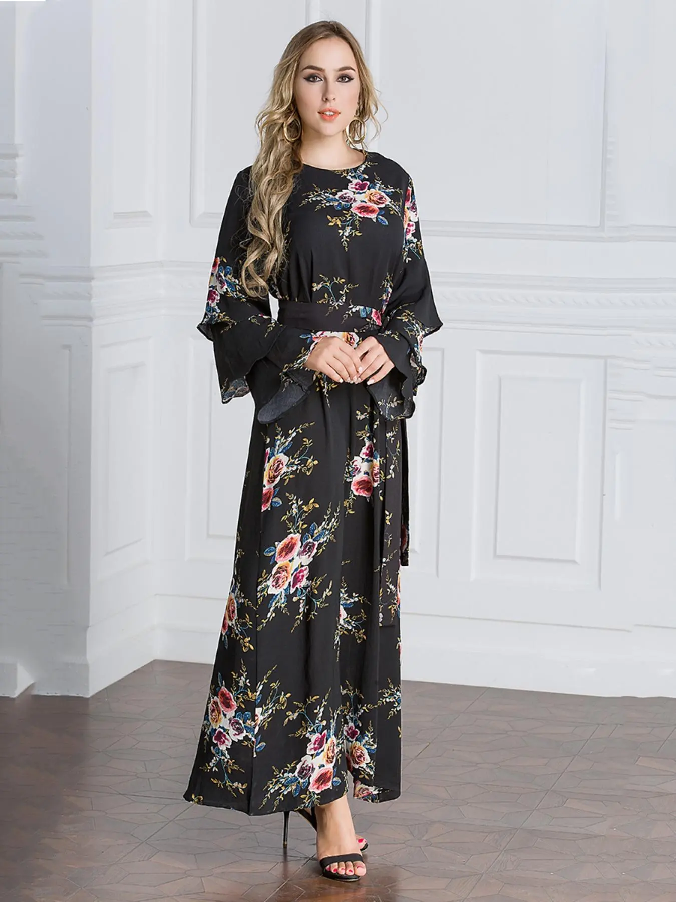 Women's Floral Print Layered Sleeve Belted Dress, Casual Boho Longsleeves Crewneck a Line Dress for Spring & Fall, Ladies Clothes for Beach Holiday Vacation
